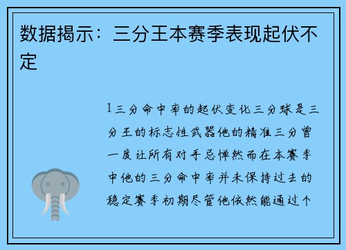 数据揭示：三分王本赛季表现起伏不定