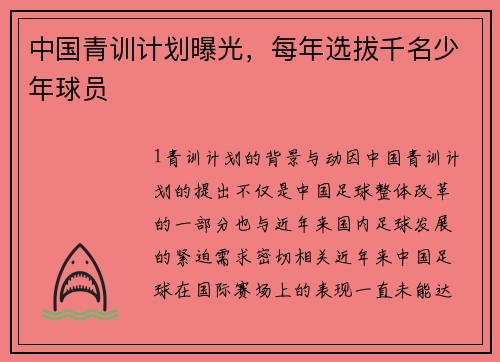 中国青训计划曝光，每年选拔千名少年球员