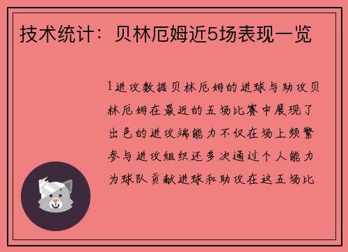 技术统计：贝林厄姆近5场表现一览